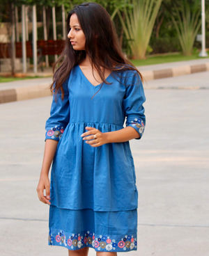 Chalky Blue Layered Hand Embroidered Dress by Mogra Designs