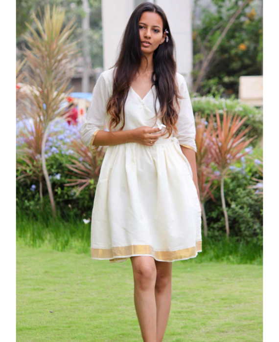 White Cotton Kasavu Saree Wrap Dress