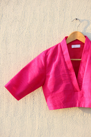 Fuchsia Pink Raw Silk Collar Blouse