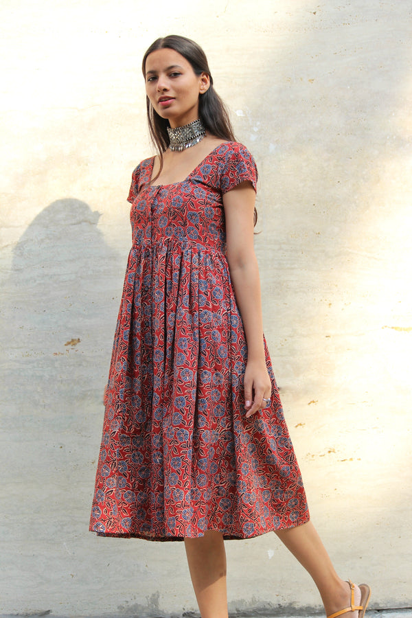 Ajrakh Red Midi Dress - Mogra Designs