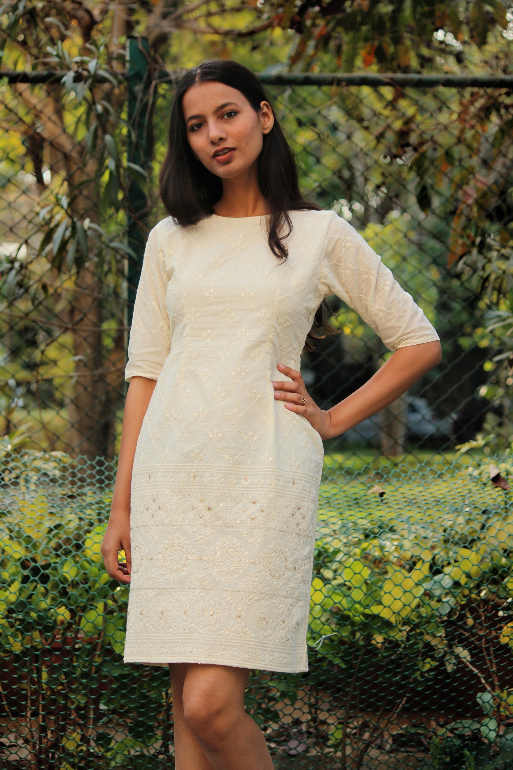 White Embroidered Pencil Dress - Mogra Designs White Embroidered Pencil Dress - Mogra Designs