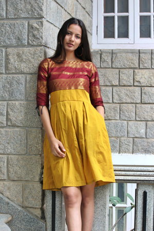 Deep Red and Mustard Pleated Saree Dress
