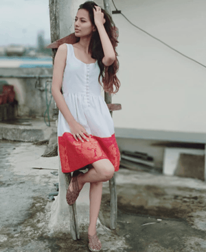 White and Red Fit & Flare Madurai Saree Dress - Mogra Designs