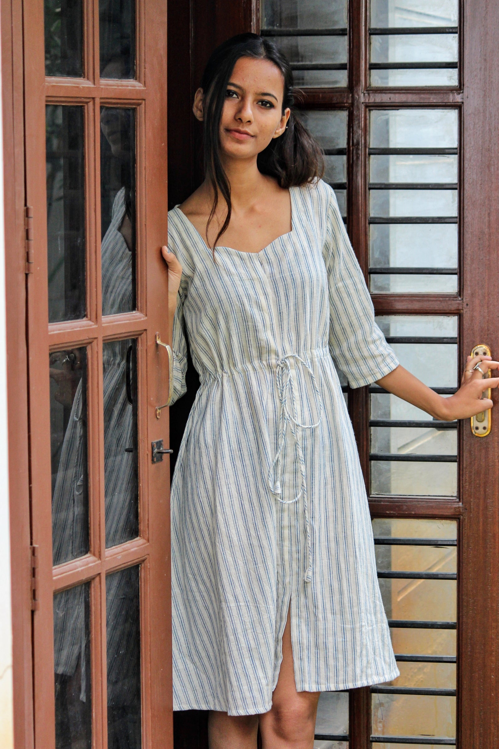 Kala Cotton Blue Striped Drawstring Dress by Mogra Designs