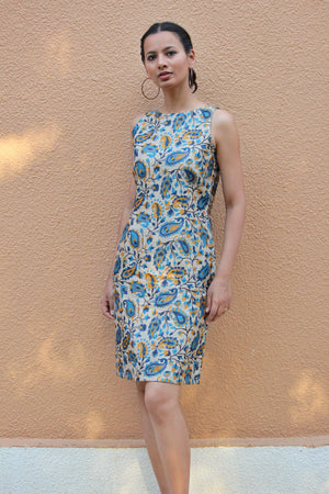 Blue Paisley Tussar Pencil Dress