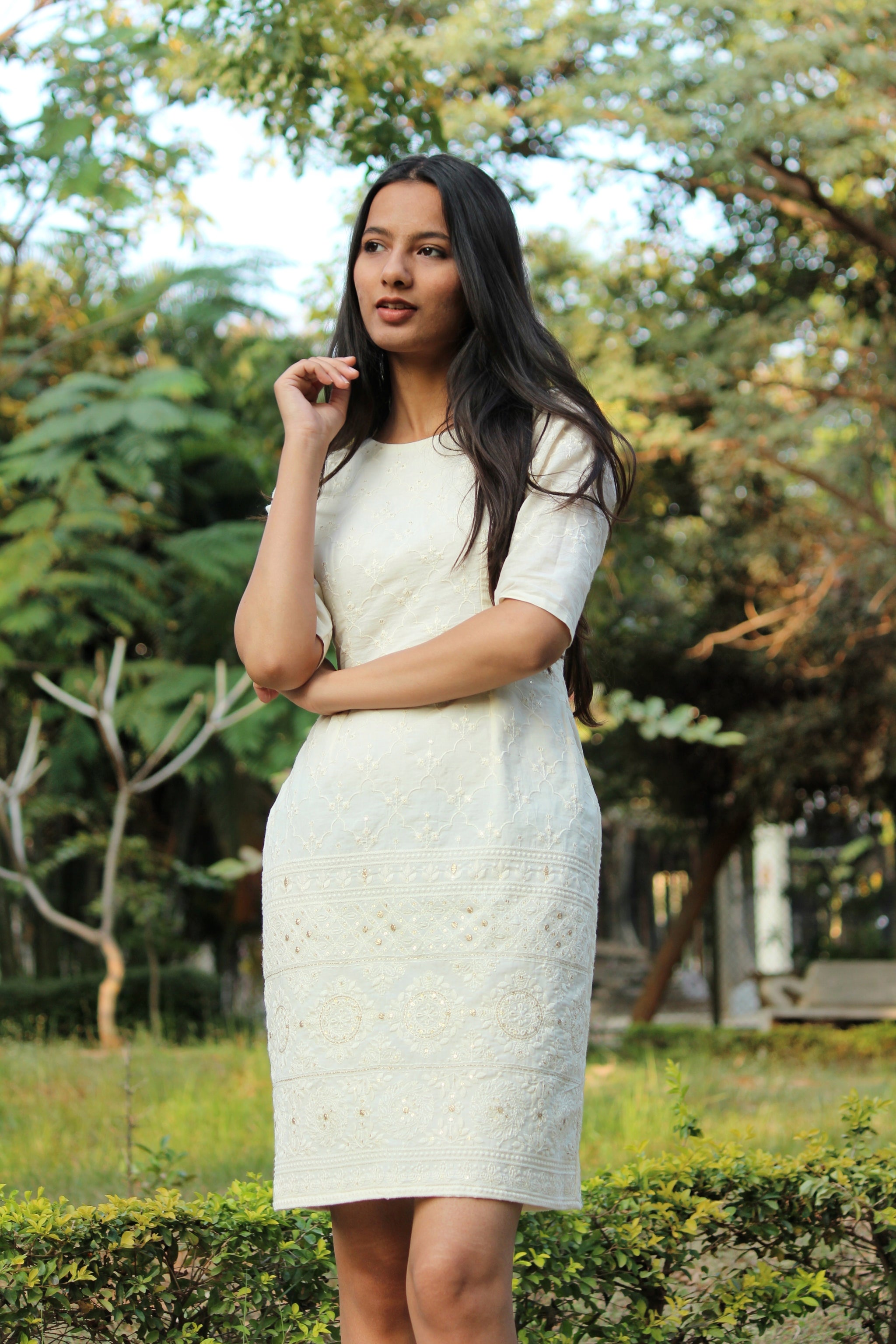 White Embroidered Pencil Dress White Embroidered Pencil Dress
