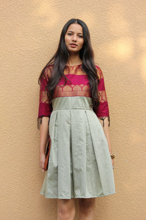 Magenta and Grey Pleated Saree Dress