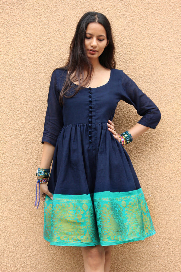 Navy Blue and Teal Fit & Flare Madurai Saree Dress - Mogra Designs