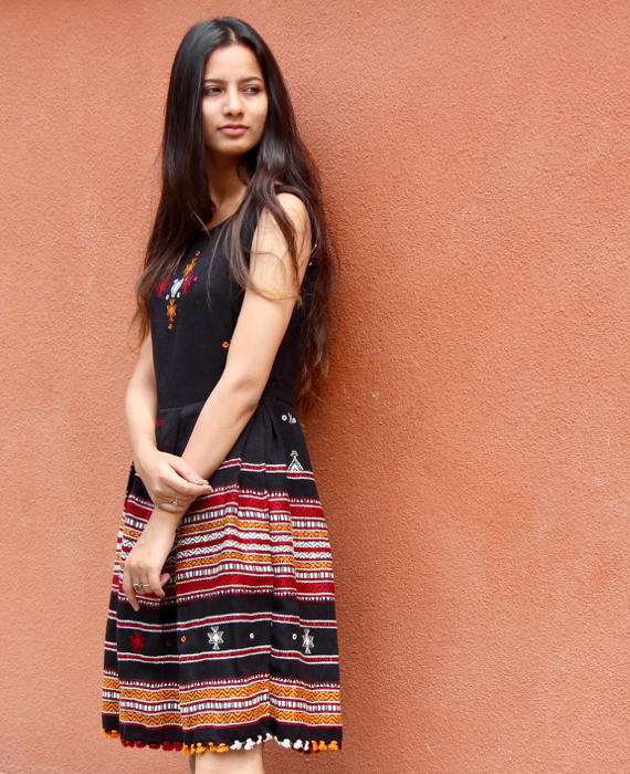 Handwoven and Hand Embroidered Fit & Flare Wool Dress in Black by Mogra Designs