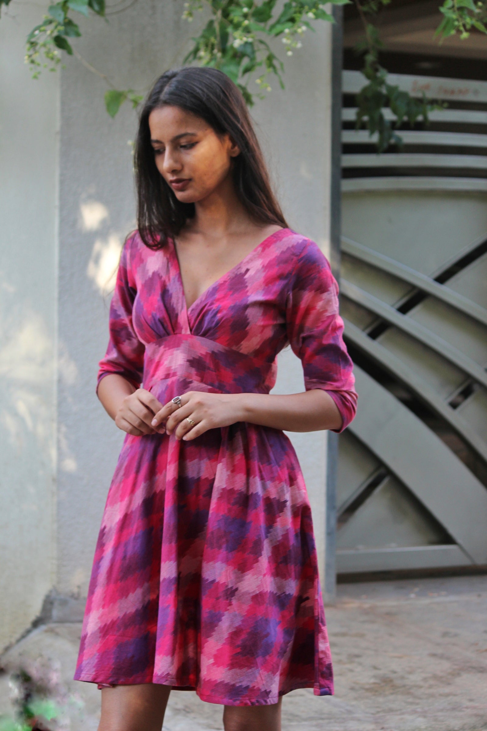 Pink Ikat V Neck Fit and Flare Dress