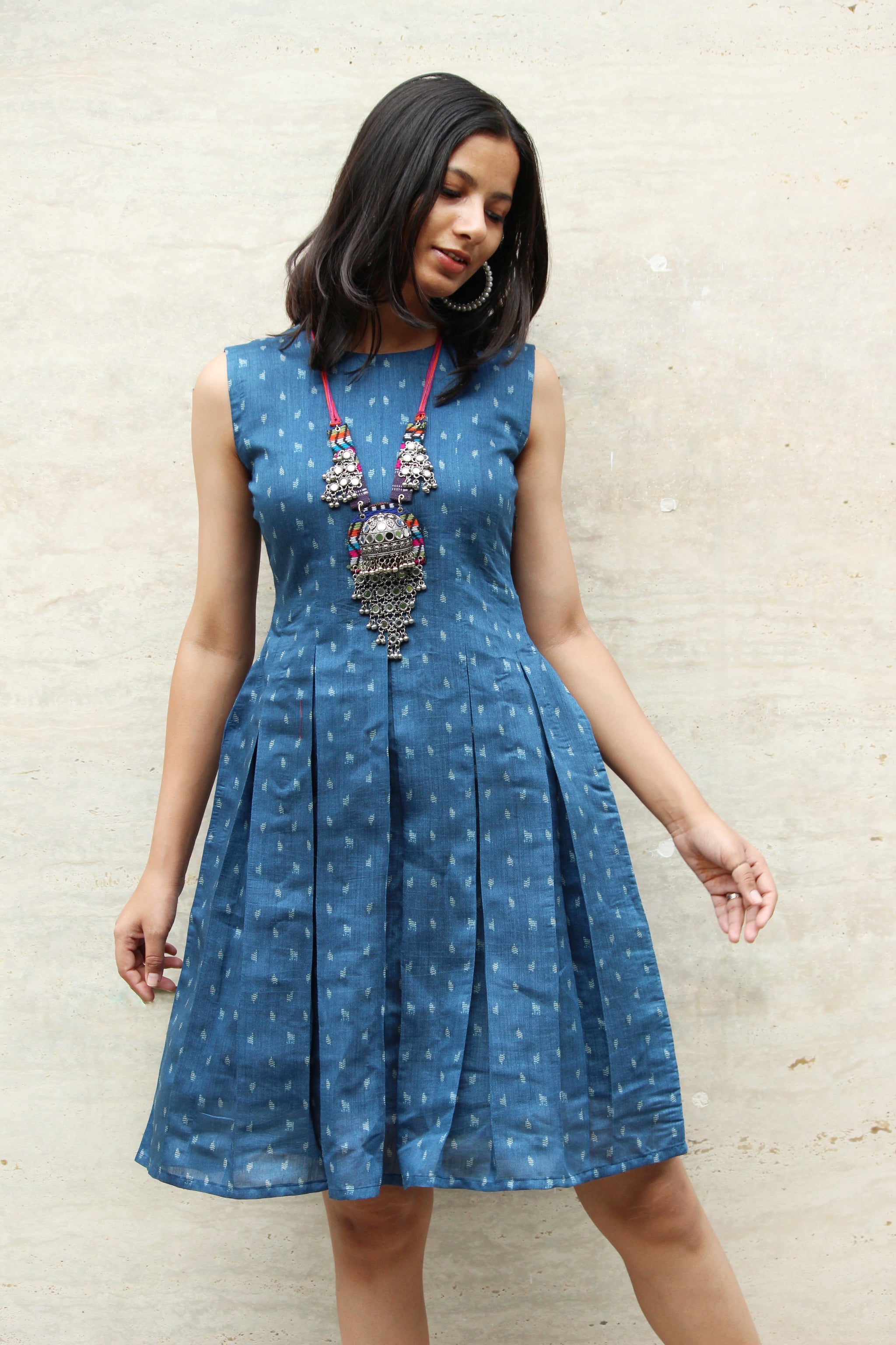 Digital Printed Cotton Box Pleated Dress in Sky Blue : TGW3733