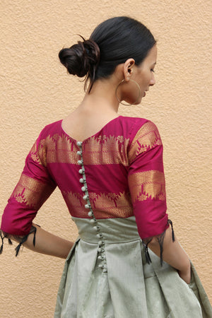 Magenta and Grey Pleated Saree Dress