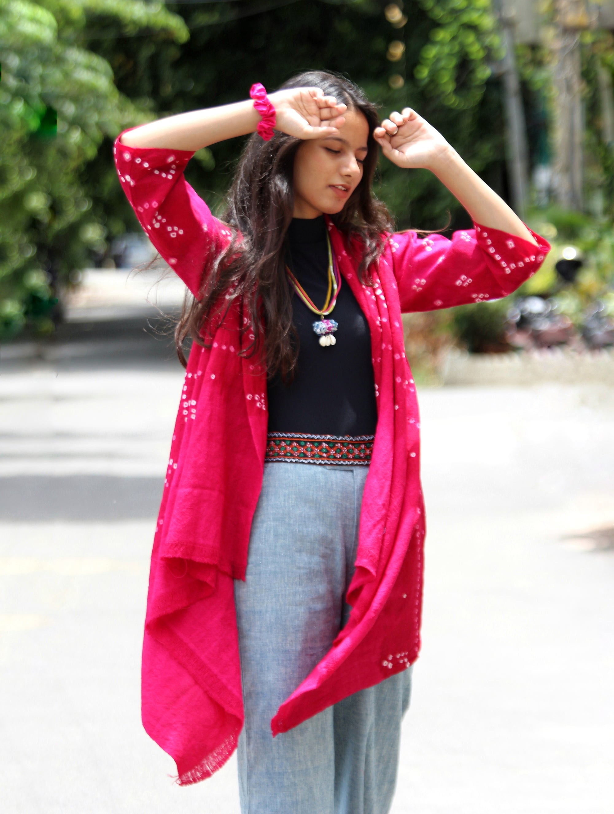 Pink Handwoven and Embroidered Bandhani Tribal Shawl Jacket in Wool