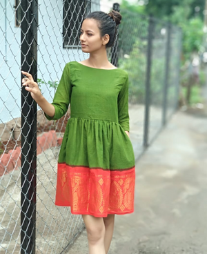 Green and Orange Fit & Flare Madurai Saree Dress