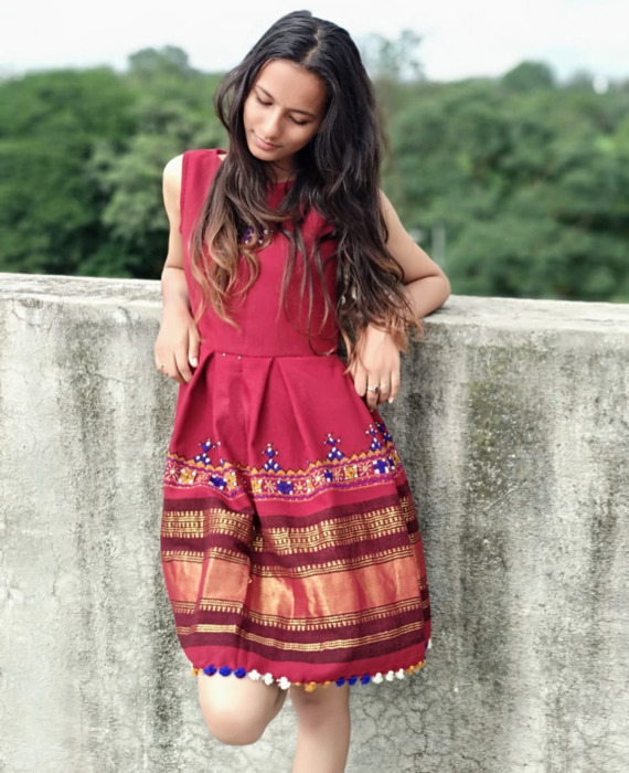 Handwoven and Hand Embroidered Fit & Flare Wool Dress in Maroon / Red