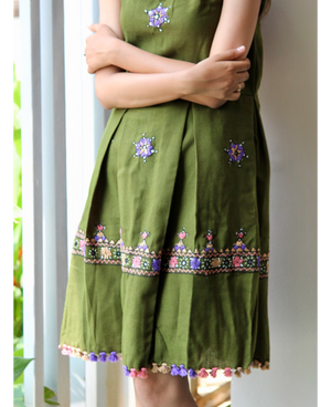 Handwoven and Hand Embroidered Fit & Flare Wool Dress in Leaf Green