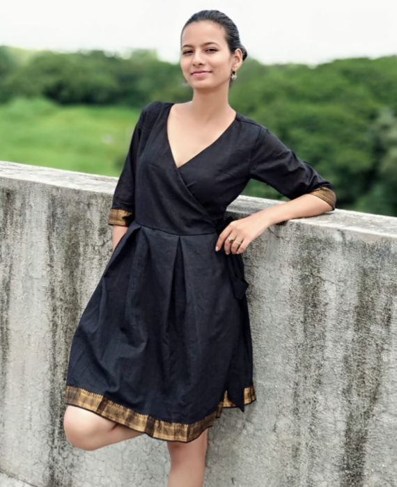 Mangalagiri Cotton Pleated Wrap Dress with Bronze / Gold Border - Mogra Designs Mangalagiri Cotton Pleated Wrap Dress with Bronze / Gold Border - Mogra Designs