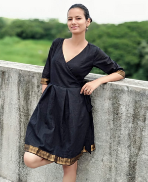 Mangalagiri Cotton Pleated Wrap Dress with Bronze Border by Mogra Designs