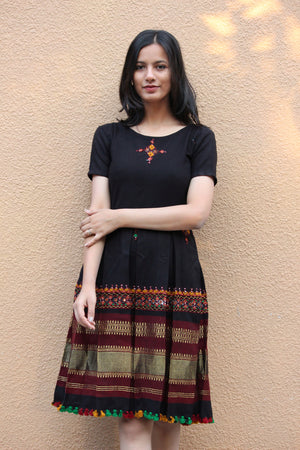 Black Handwoven and Hand Embroidered Fit & Flare Wool Dress