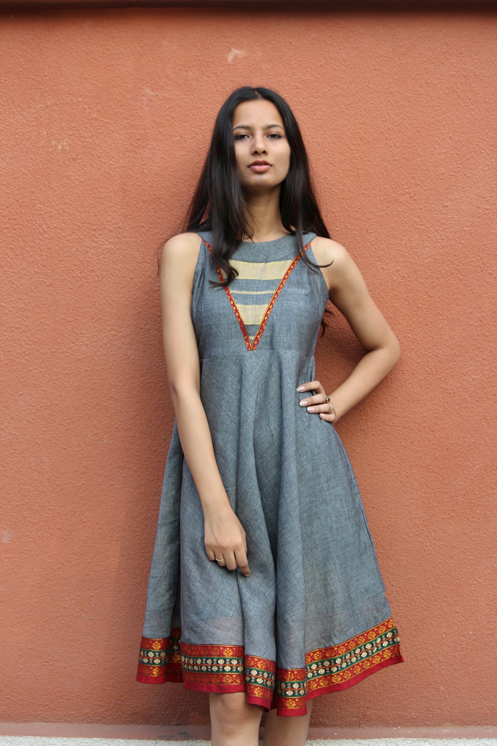 Grey Boho Style Flared Dress made from an Indian Saree - Mogra Designs Grey Boho Style Flared Dress made from an Indian Saree - Mogra Designs