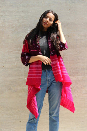 Purple Handwoven and Embroidered Bandhani Tribal Shawl Jacket in Wool