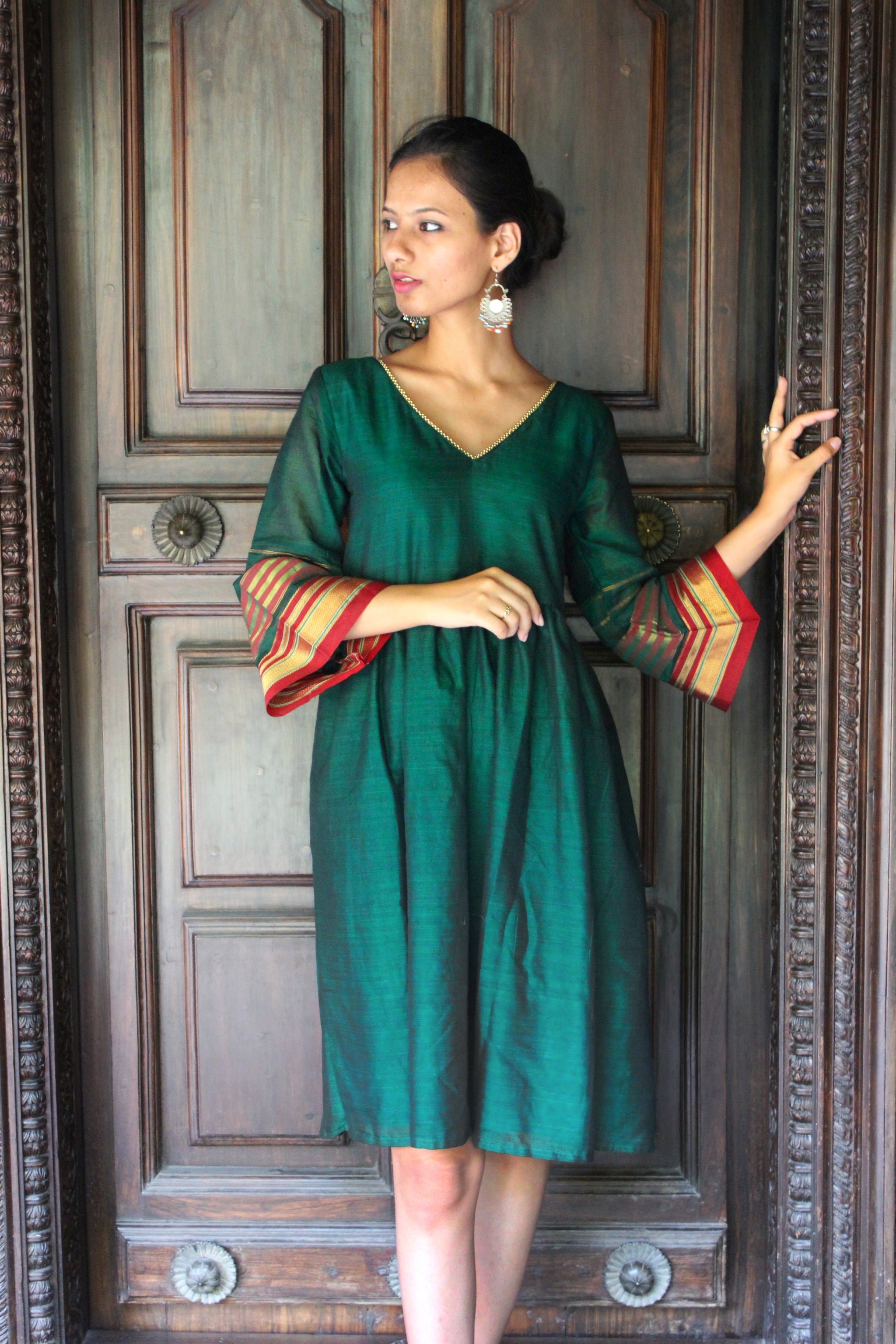 Emerald Green Boho Style Dress made from an Indian Saree - Mogra Designs Emerald Green Boho Style Dress made from an Indian Saree - Mogra Designs