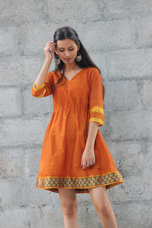 Mustard Drawstring Kaftan Saree Dress by Mogra Designs