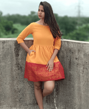 Yellow and Red Fit & Flare Madurai Saree Dress - Mogra Designs