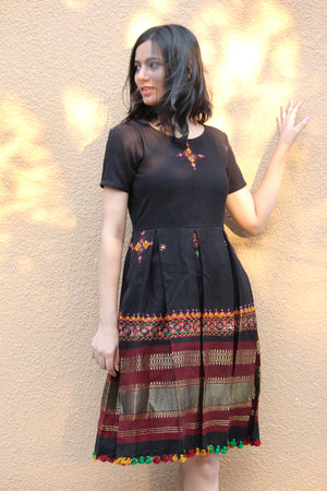 Black Handwoven and Hand Embroidered Fit & Flare Wool Dress