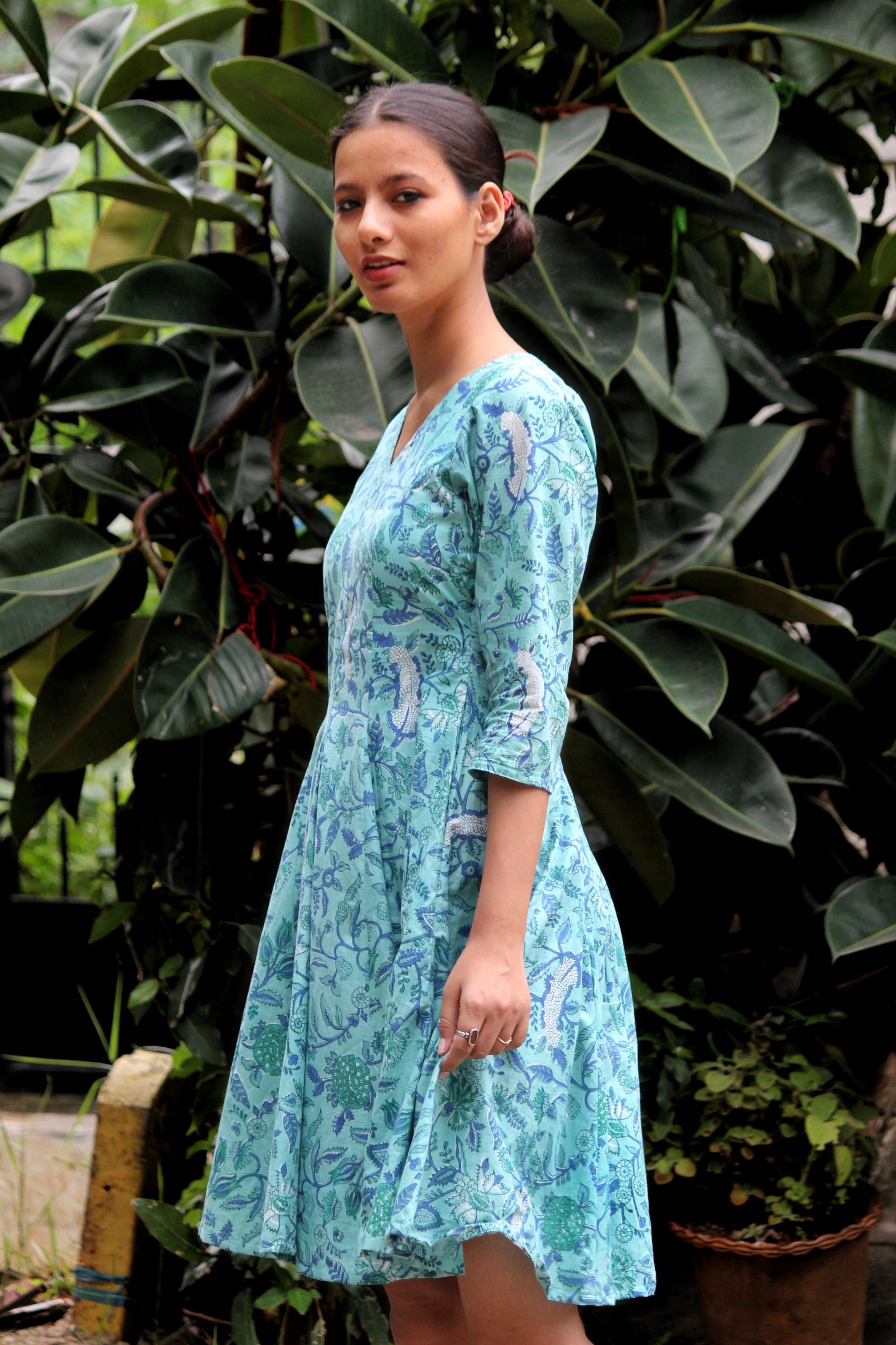 Teal Floral Fit and Flare Dress - Mogra Designs