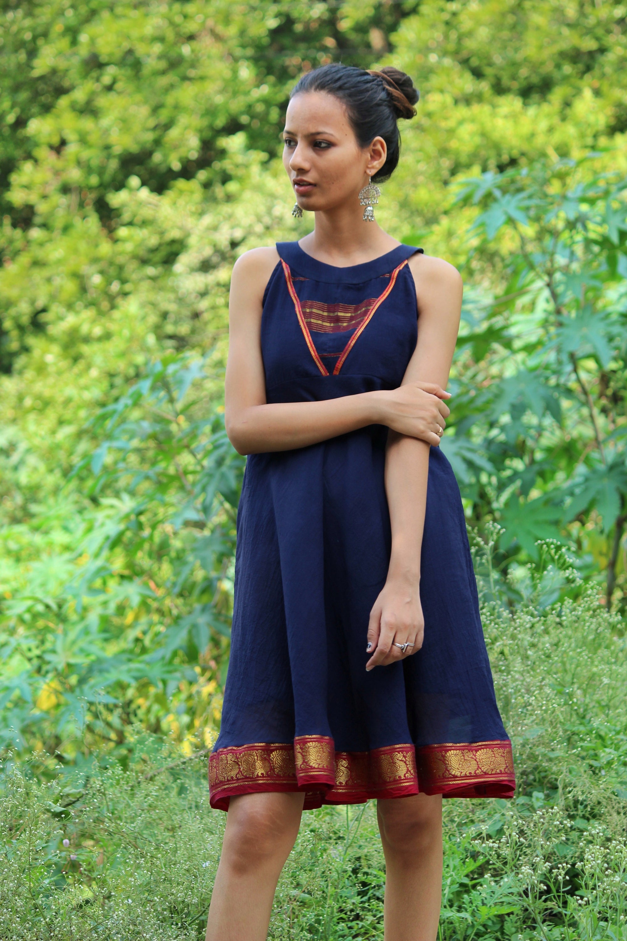 Navy Blue Sleeveless Flared Saree Dress by Mogra Designs