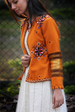 Mustard Handwoven & Hand Embroidered Mirror Work Cropped Jacket in Wool