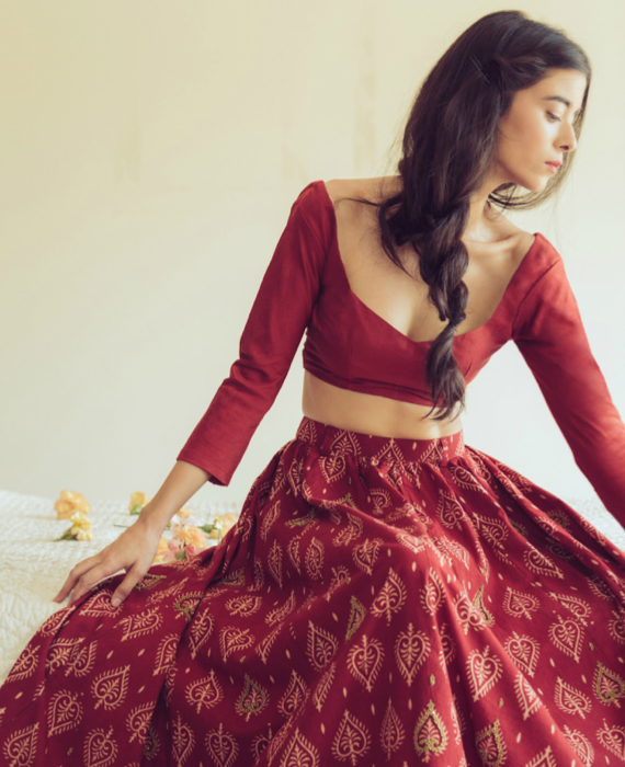 Rosewood Hand Block Printed Lehenga Set in Cotton by Mogra Designs