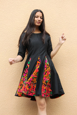 Floral Indian Embroidered Fit and Flare Dress in Black