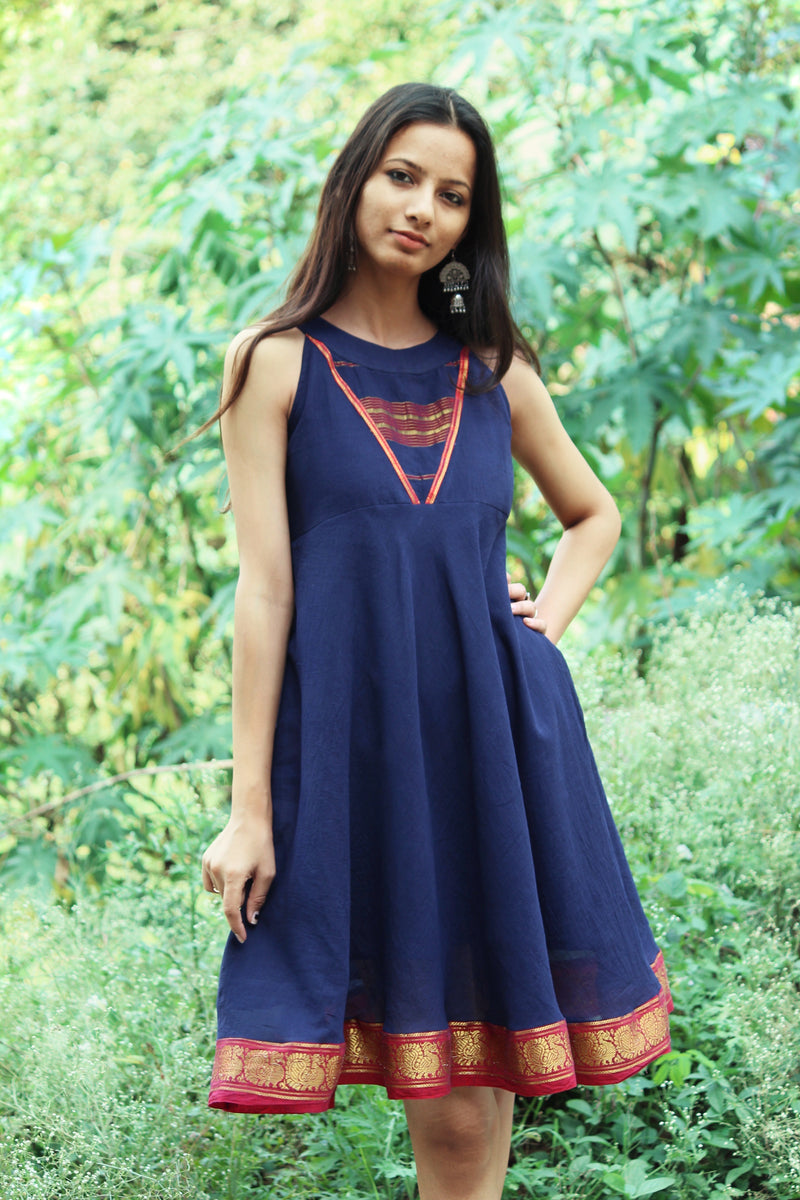 Navy Blue Boho Style Flared Dress made from an Indian Saree - Mogra Designs