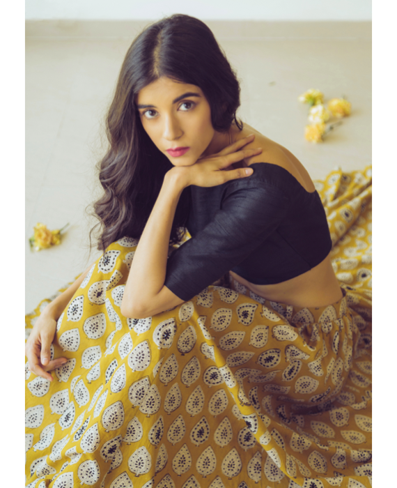 Hand Block Printed Canary Yellow and Black Lehenga Set in Cotton and Raw Silk by Mogra Designs