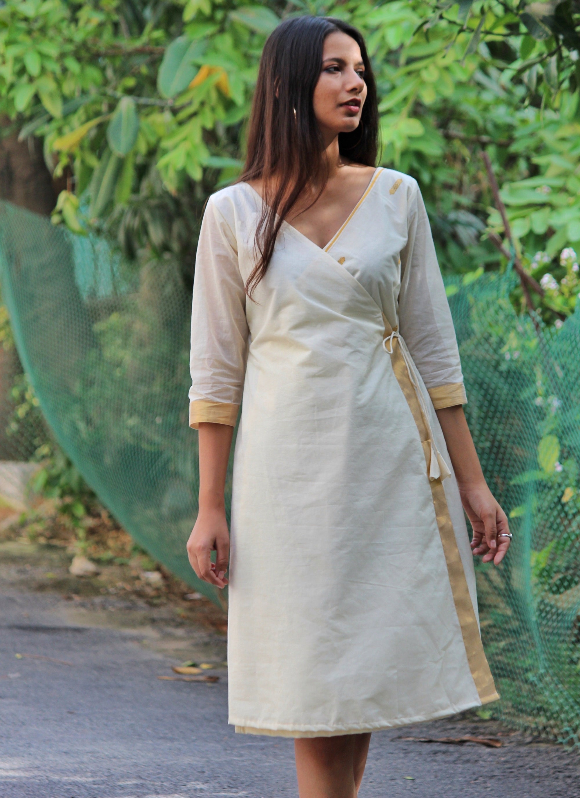 Kasavu Saree Wrap Dress - Mogra Designs Kasavu Saree Wrap Dress - Mogra Designs