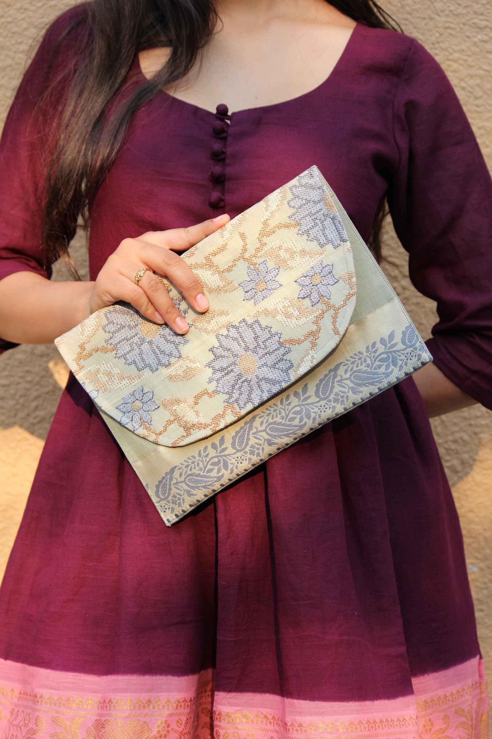 Grey Saree Envelope Clutch By Qurcha