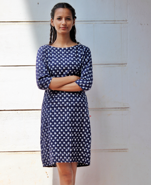 Handwoven Ikat Pencil Dress in Navy Blue by Mogra Designs