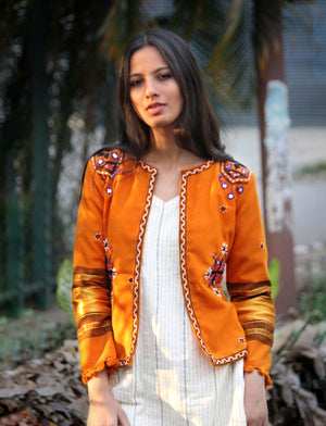 Mustard Handwoven & Hand Embroidered Mirror Work Cropped Jacket in Wool