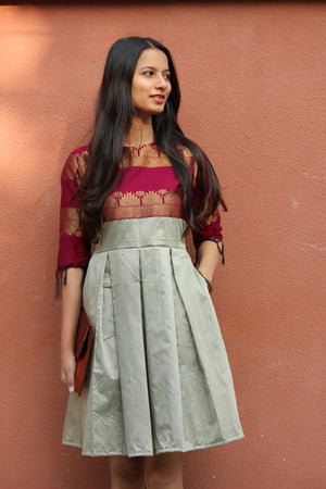 Magenta and Grey Pleated Saree Dress