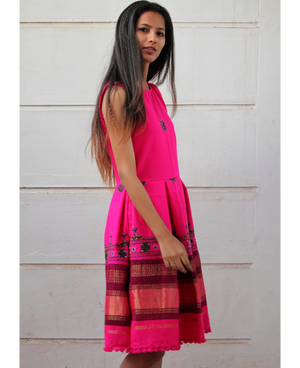 Handwoven and Hand Embroidered Fit & Flare Wool Dress in Bright Pink