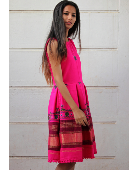Handwoven and Hand Embroidered Fit & Flare Wool Dress in Bright Pink ...