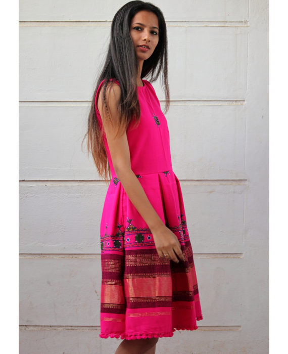 Handwoven and Hand Embroidered Fit & Flare Wool Dress in Bright Pink - Mogra Designs Handwoven and Hand Embroidered Fit & Flare Wool Dress in Bright Pink - Mogra Designs