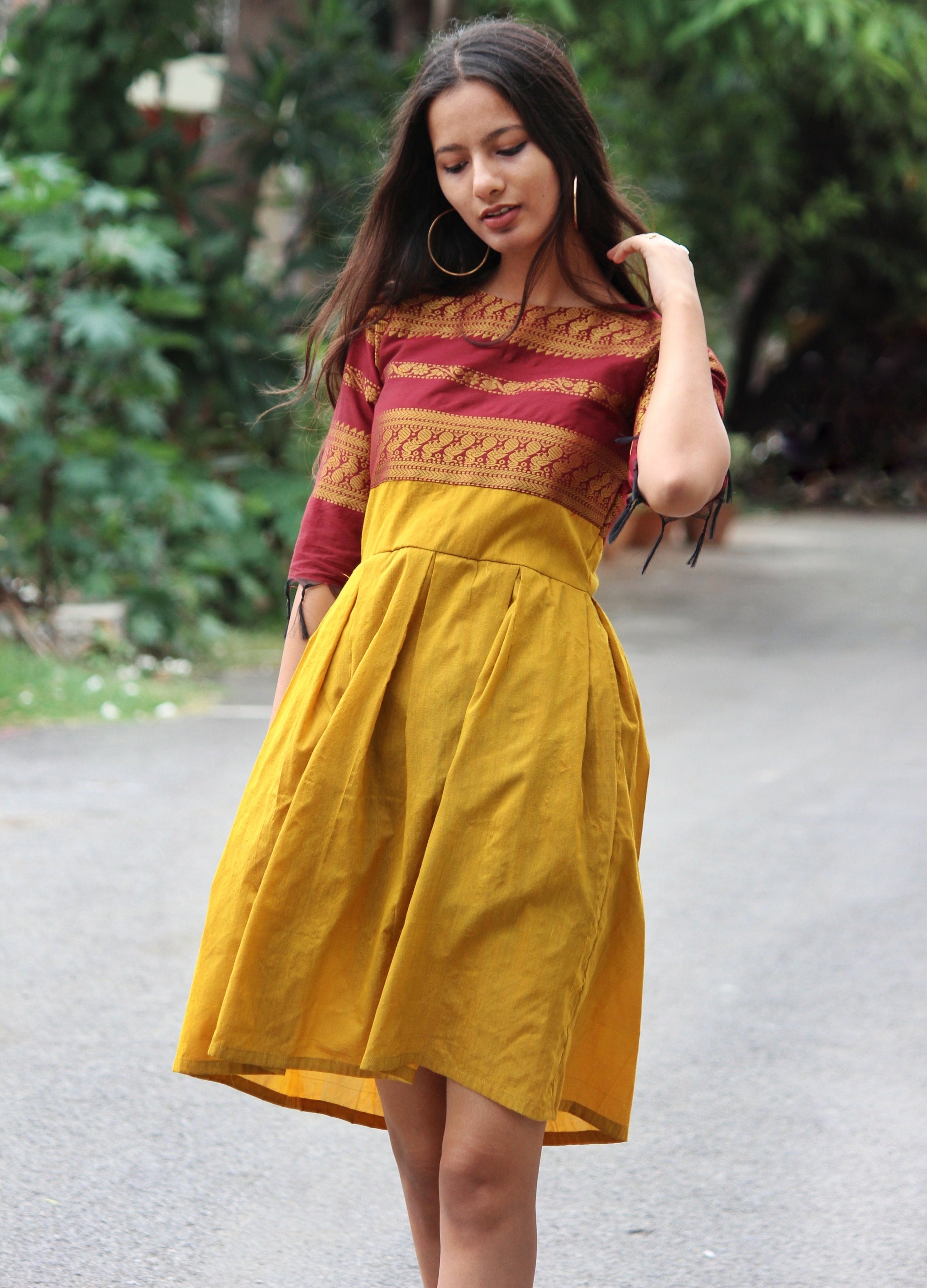 Deep Red and Mustard Pleated Saree Dress - Mogra Designs Deep Red and Mustard Pleated Saree Dress - Mogra Designs
