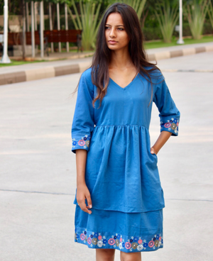 Chalky Blue Layered Hand Embroidered Dress by Mogra Designs