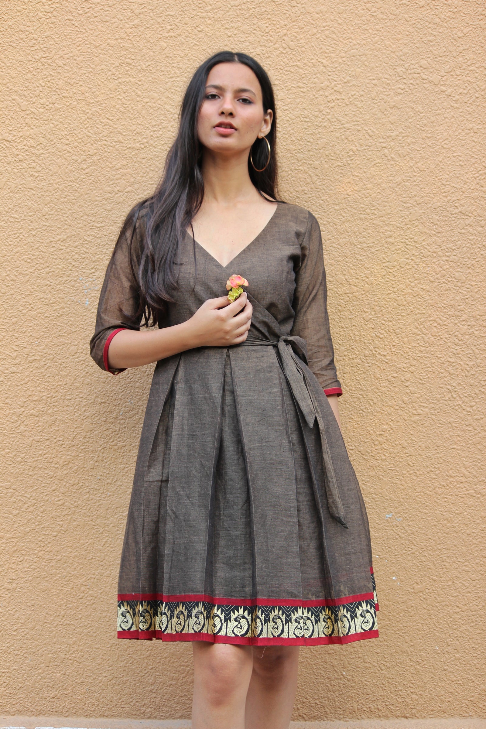 Mocha Pleated Wrap Dress with Gold and Red Border