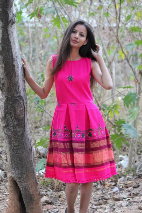 Handwoven and Hand Embroidered Fit & Flare Wool Dress in Bright Pink - Mogra Designs Handwoven and Hand Embroidered Fit & Flare Wool Dress in Bright Pink - Mogra Designs