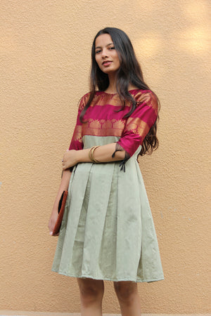 Magenta and Grey Pleated Saree Dress