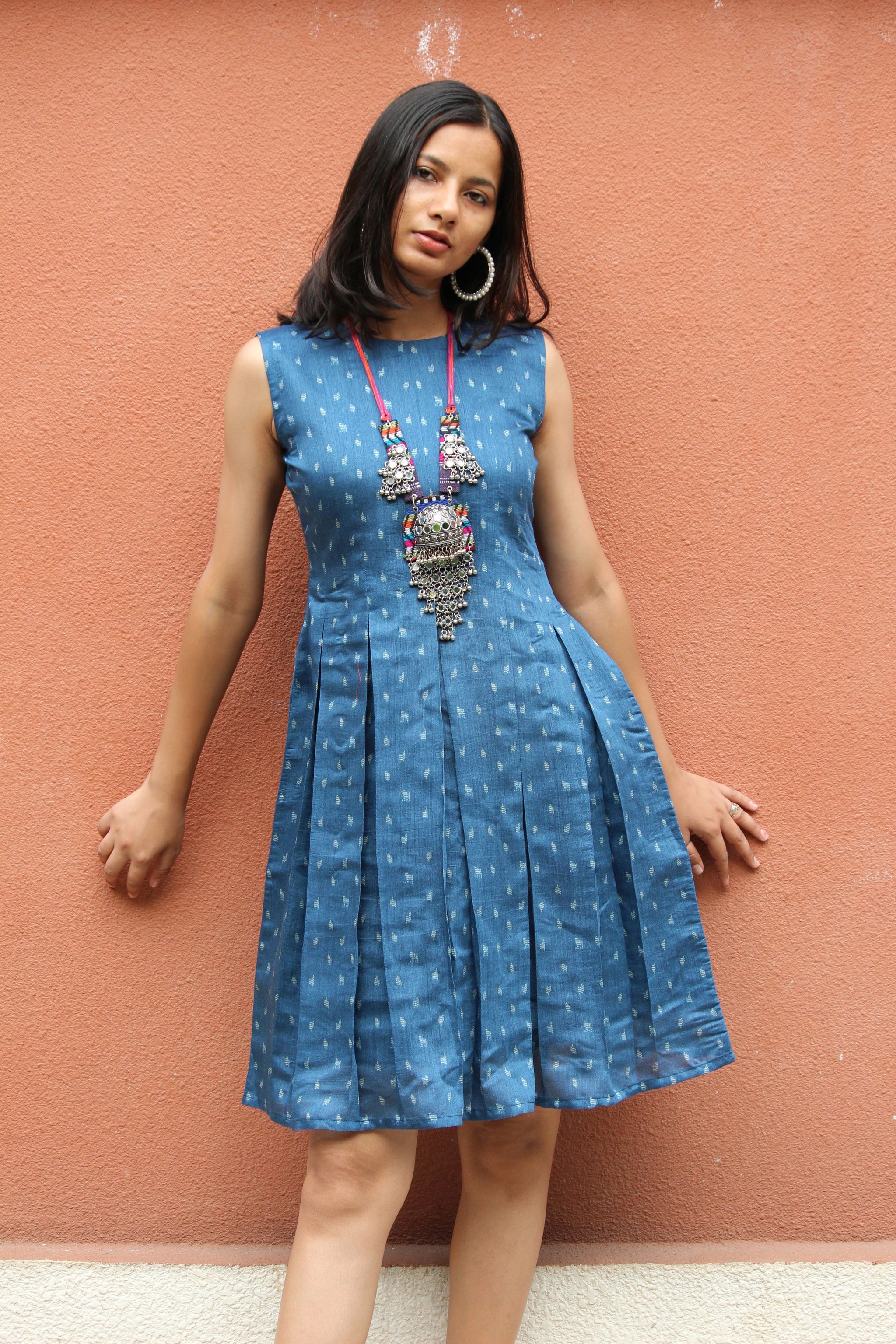Indigo Tussar Silk Pleated Dress - Mogra Designs